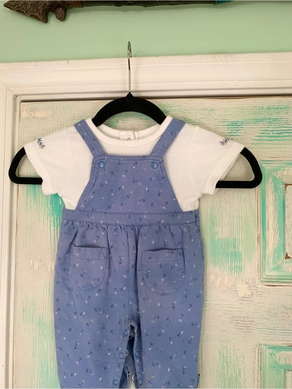 Vintage Gymboree Infant Baby Girl Blue Floral Overalls With Shirt 3/6M